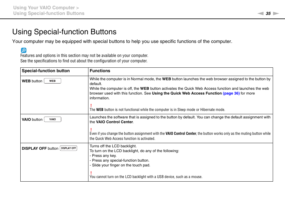 Using special-function buttons | Sony VAIO VPCCW1 Series User Manual | Page 35 / 168