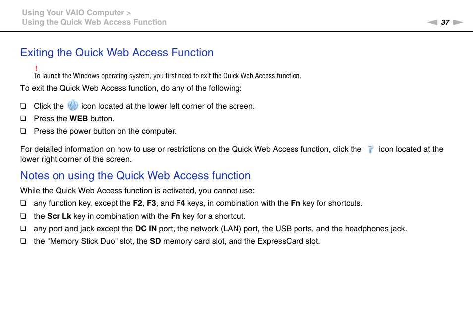 Exiting the quick web access function | Sony VAIO VPCCW1 Series User Manual | Page 37 / 168