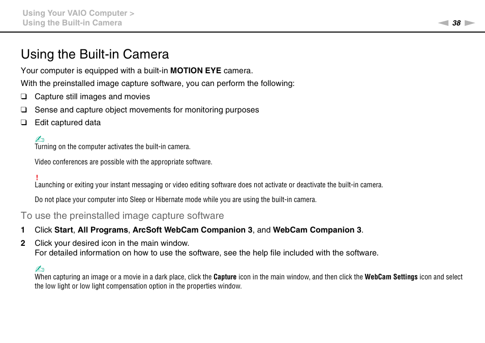 Using the built-in camera | Sony VAIO VPCCW1 Series User Manual | Page 38 / 168