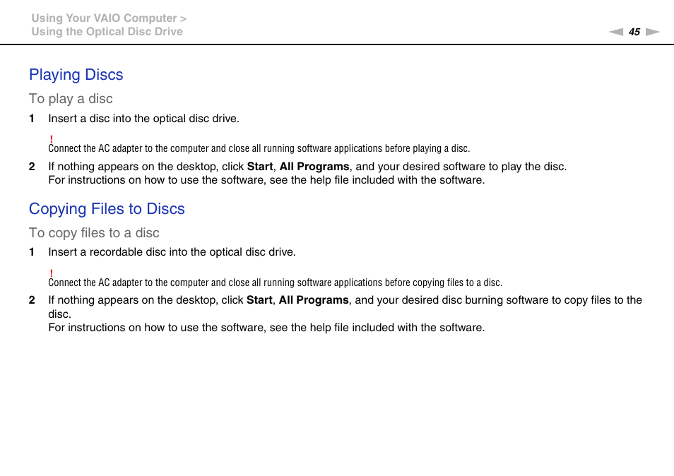 Playing discs, Copying files to discs | Sony VAIO VPCCW1 Series User Manual | Page 45 / 168