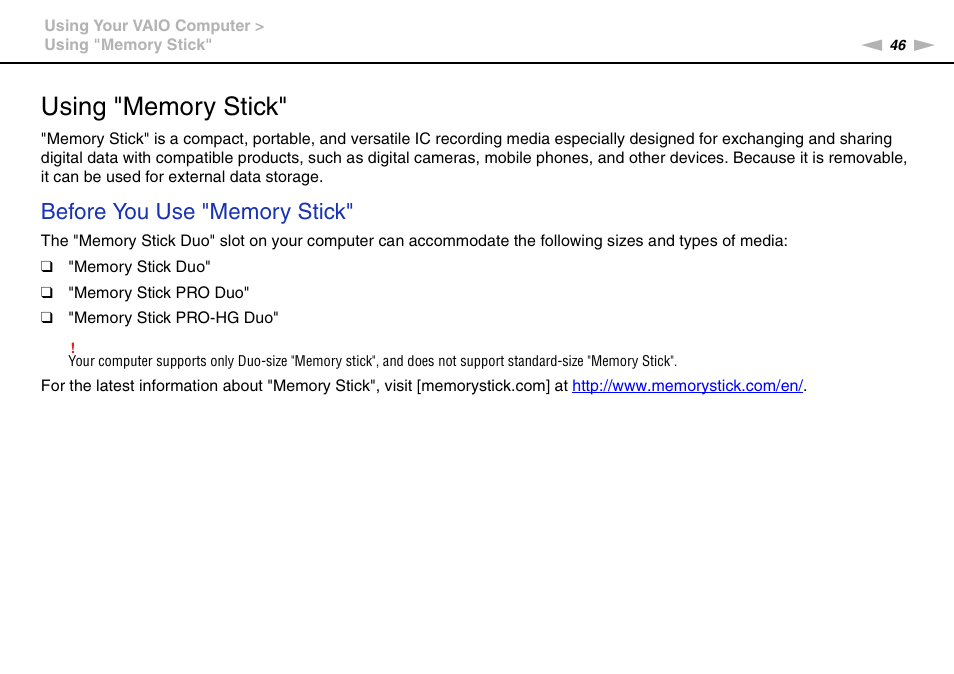 Using "memory stick | Sony VAIO VPCCW1 Series User Manual | Page 46 / 168