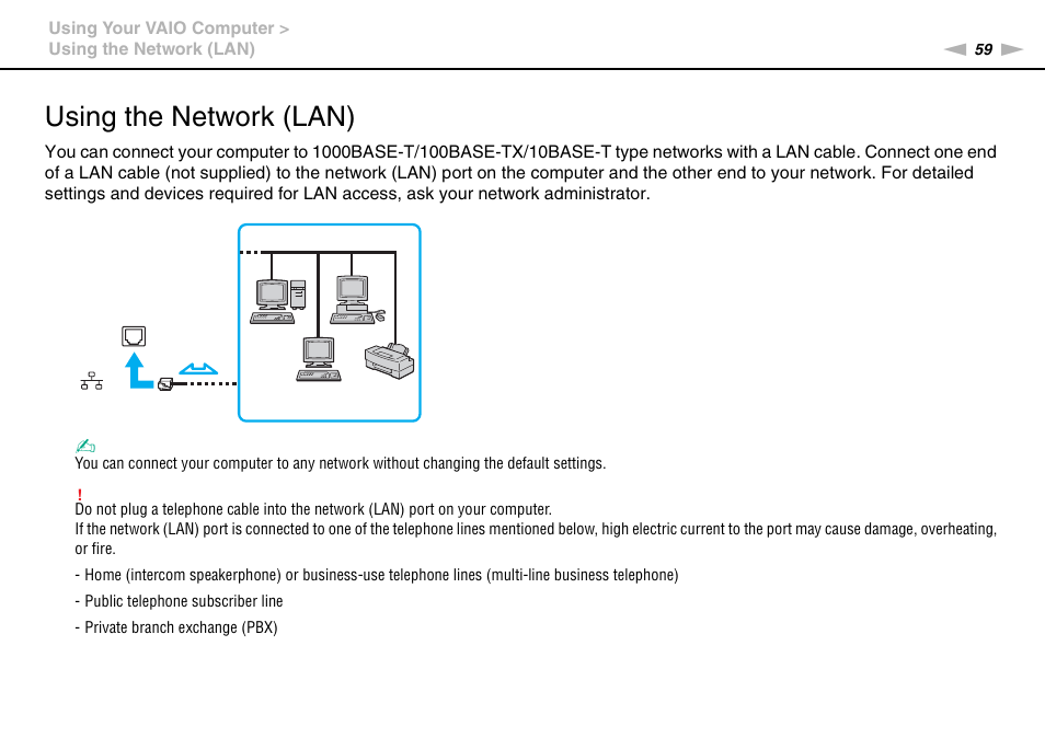 Using the network (lan) | Sony VAIO VPCCW1 Series User Manual | Page 59 / 168