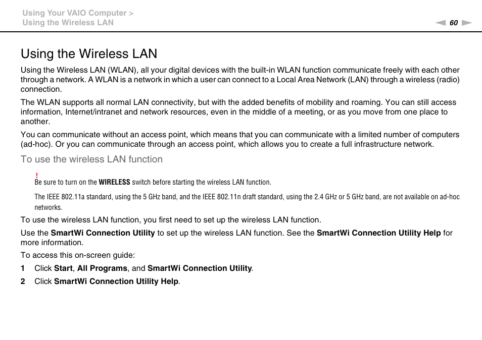 Using the wireless lan | Sony VAIO VPCCW1 Series User Manual | Page 60 / 168