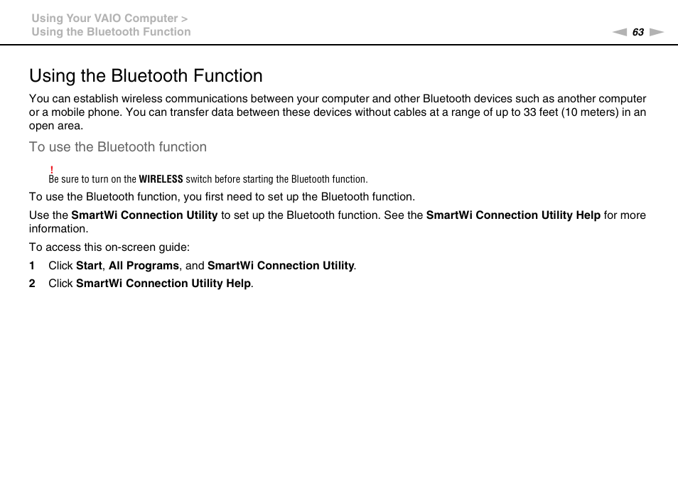 Using the bluetooth function, Tion | Sony VAIO VPCCW1 Series User Manual | Page 63 / 168