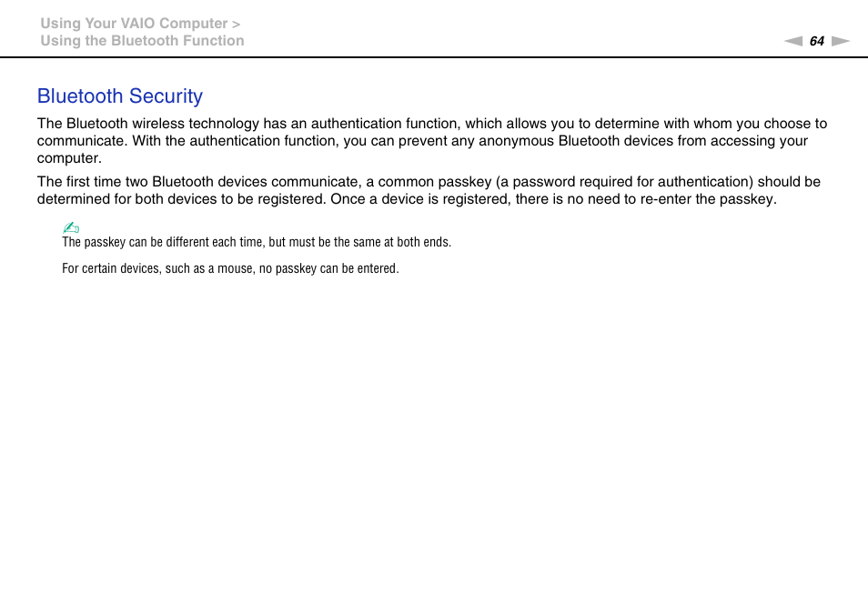 Bluetooth security | Sony VAIO VPCCW1 Series User Manual | Page 64 / 168