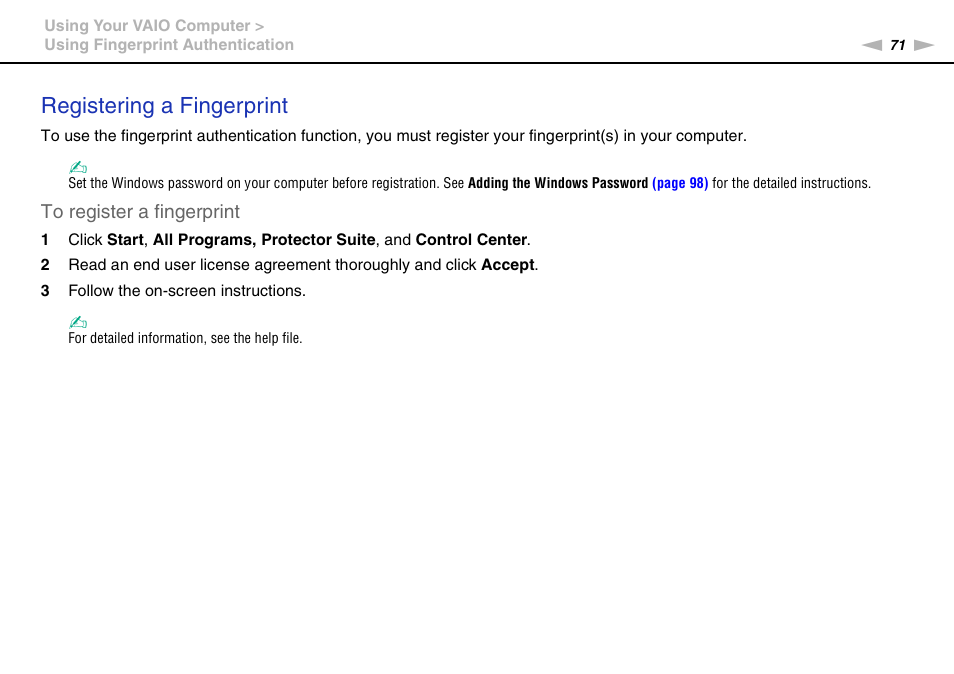 Registering a fingerprint | Sony VAIO VPCCW1 Series User Manual | Page 71 / 168