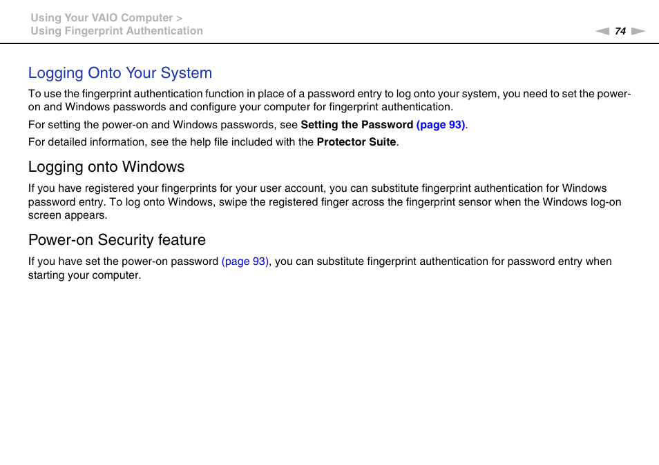 Logging onto your system, Logging onto windows, Power-on security feature | Sony VAIO VPCCW1 Series User Manual | Page 74 / 168