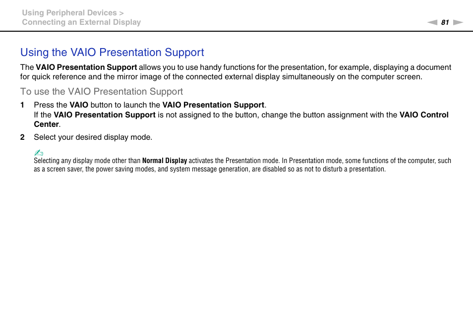 Using the vaio presentation support | Sony VAIO VPCCW1 Series User Manual | Page 81 / 168