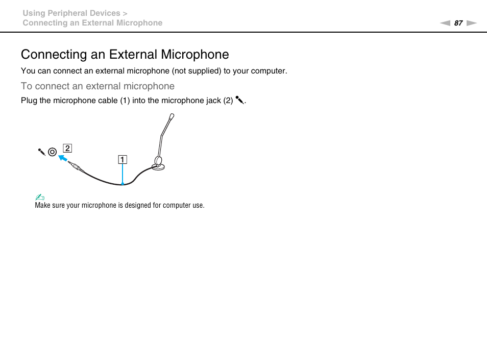 Connecting an external microphone | Sony VAIO VPCCW1 Series User Manual | Page 87 / 168