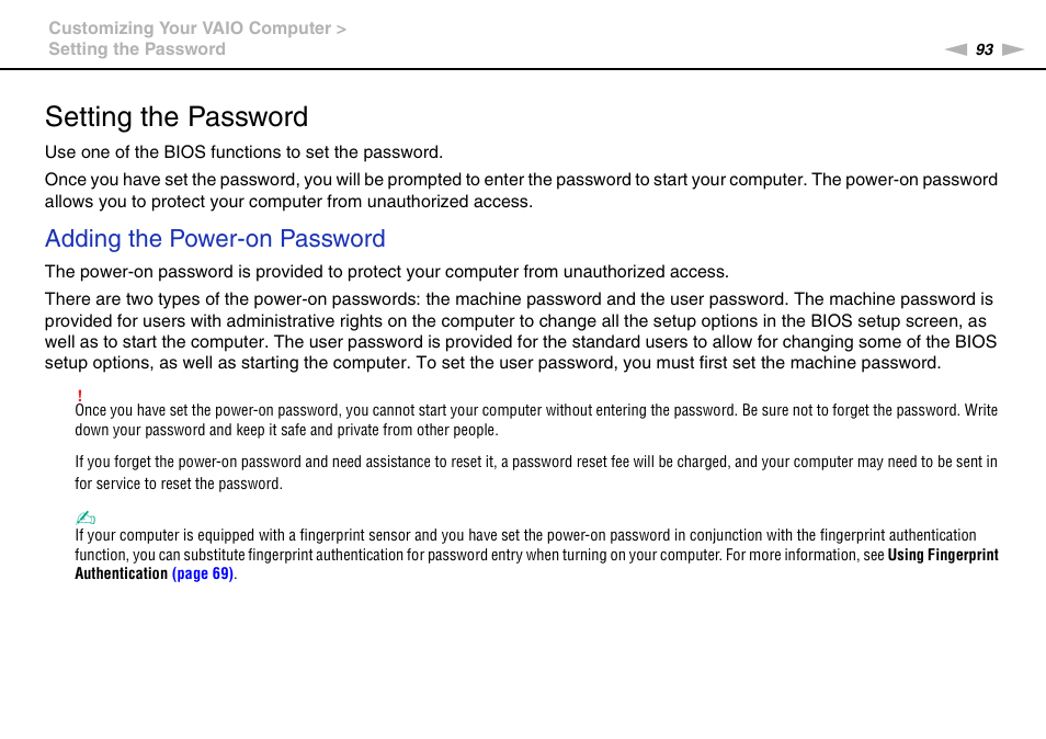 Setting the password, Adding the power-on password | Sony VAIO VPCCW1 Series User Manual | Page 93 / 168