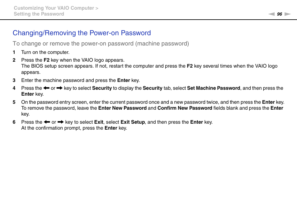 Changing/removing the power-on password | Sony VAIO VPCCW1 Series User Manual | Page 96 / 168