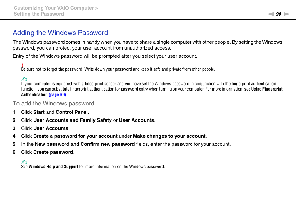 Adding the windows password | Sony VAIO VPCCW1 Series User Manual | Page 98 / 168