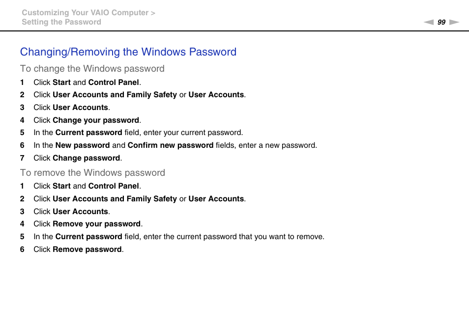 Changing/removing the windows password | Sony VAIO VPCCW1 Series User Manual | Page 99 / 168