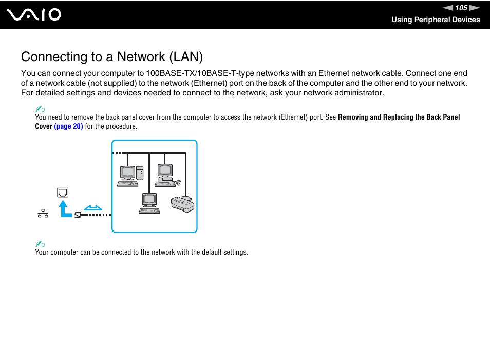 Connecting to a network (lan) | Sony VAIO V G C - LT 2 0 User Manual | Page 105 / 197