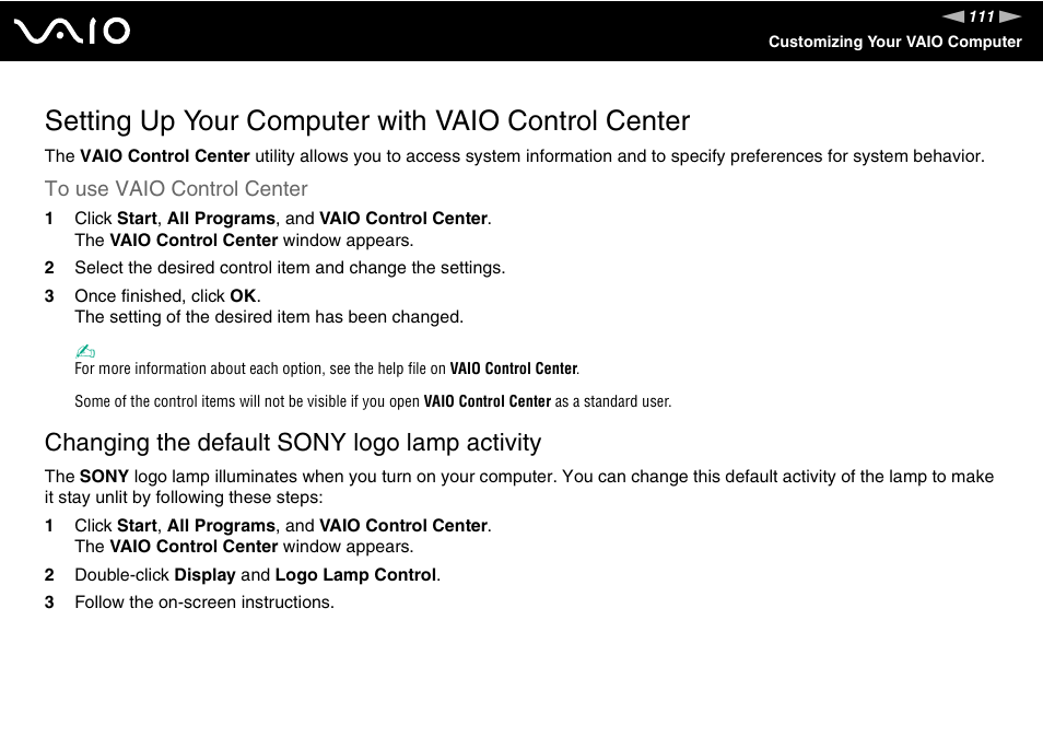 Setting up your computer with vaio control center, Changing the default sony logo lamp activity | Sony VAIO V G C - LT 2 0 User Manual | Page 111 / 197