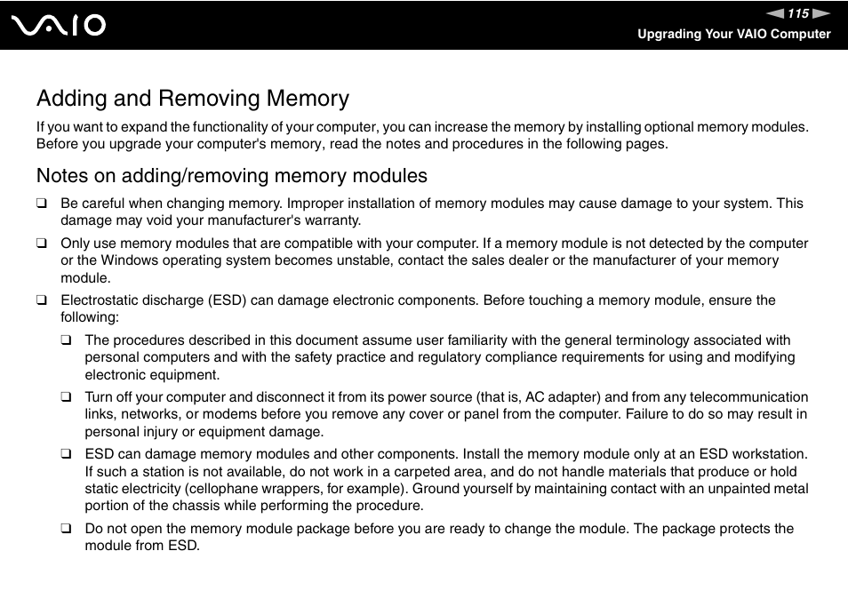 Adding and removing memory | Sony VAIO V G C - LT 2 0 User Manual | Page 115 / 197