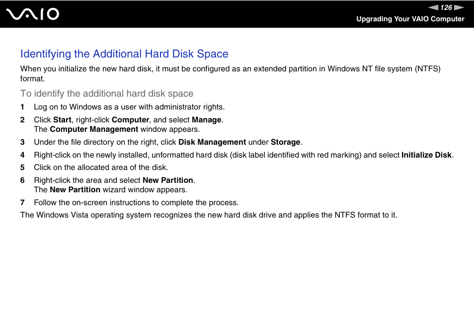 Identifying the additional hard disk space | Sony VAIO V G C - LT 2 0 User Manual | Page 126 / 197