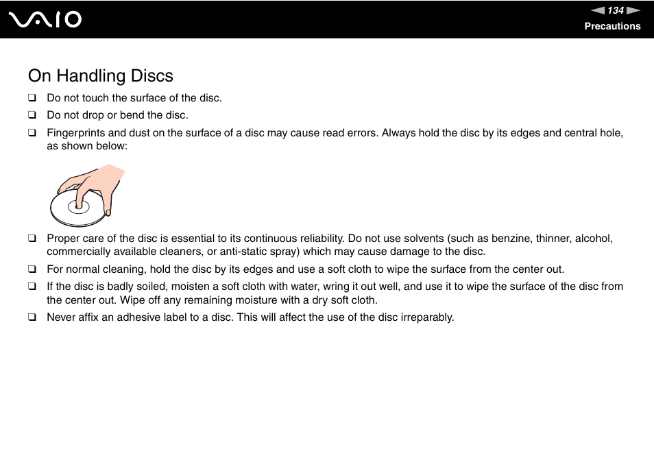 On handling discs | Sony VAIO V G C - LT 2 0 User Manual | Page 134 / 197