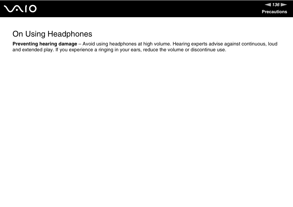 On using headphones | Sony VAIO V G C - LT 2 0 User Manual | Page 136 / 197