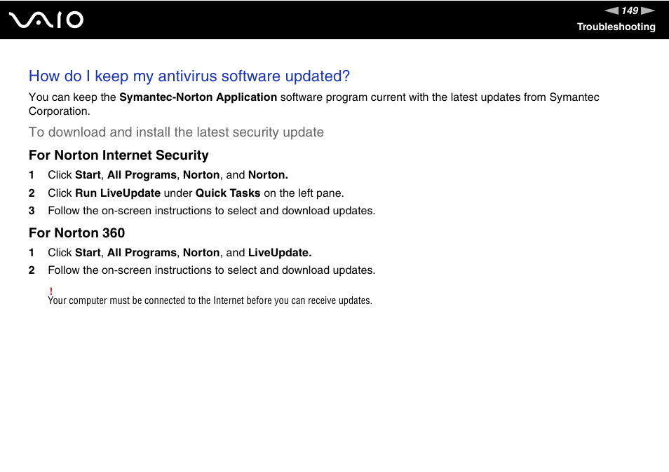 How do i keep my antivirus software updated, For norton 360 | Sony VAIO V G C - LT 2 0 User Manual | Page 149 / 197