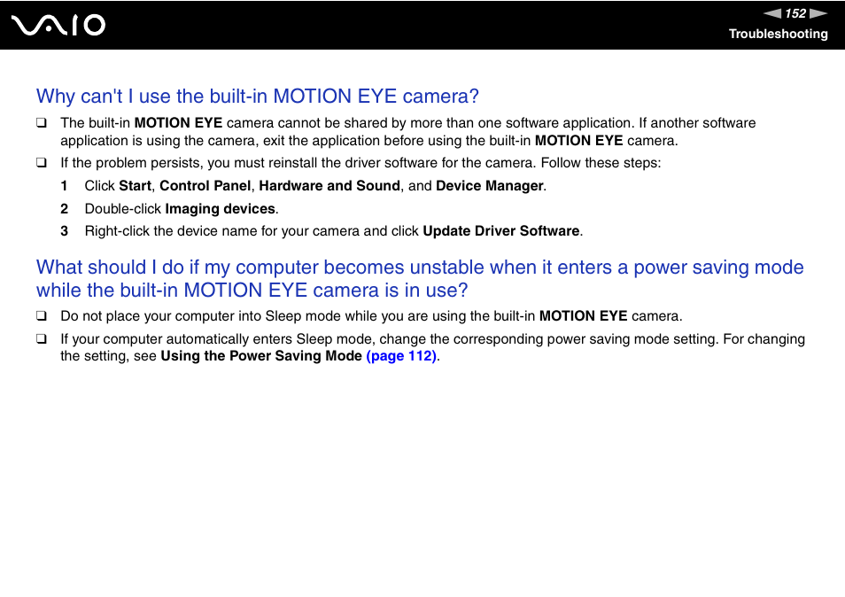 Why can't i use the built-in motion eye camera | Sony VAIO V G C - LT 2 0 User Manual | Page 152 / 197