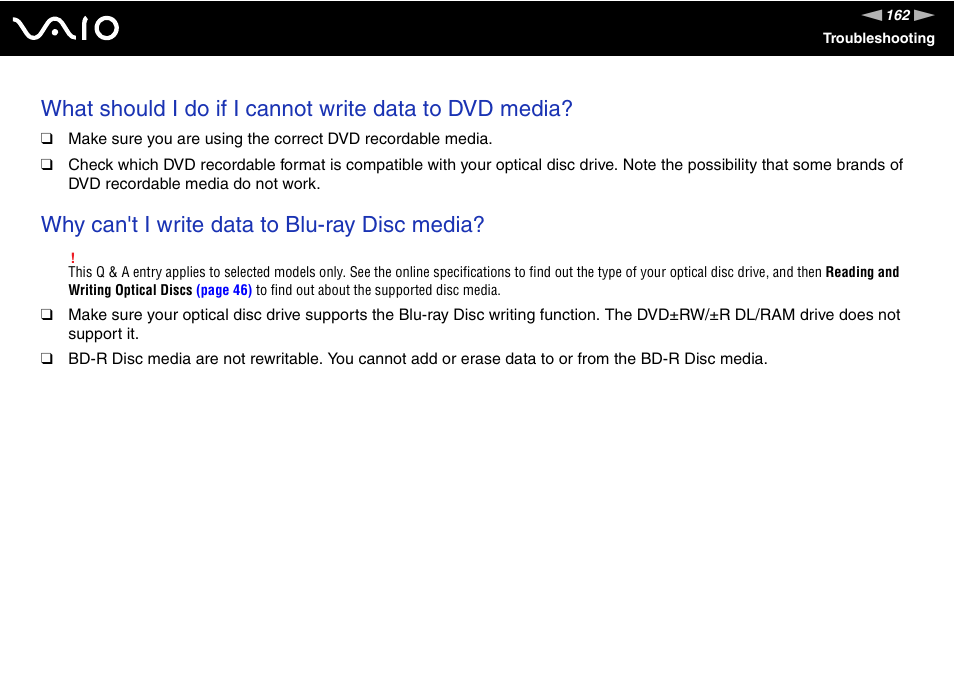 Why can't i write data to blu-ray disc media | Sony VAIO V G C - LT 2 0 User Manual | Page 162 / 197