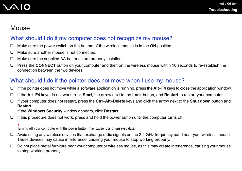 Mouse | Sony VAIO V G C - LT 2 0 User Manual | Page 168 / 197