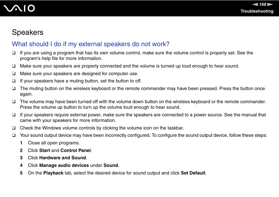 Speakers | Sony VAIO V G C - LT 2 0 User Manual | Page 169 / 197
