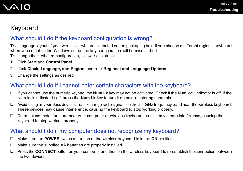 Keyboard | Sony VAIO V G C - LT 2 0 User Manual | Page 171 / 197