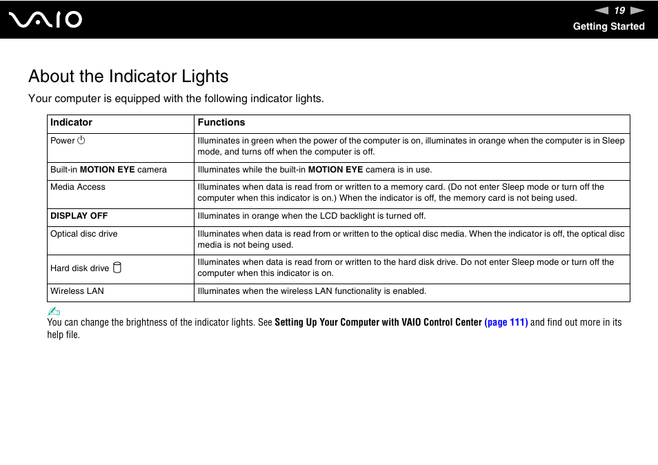 About the indicator lights | Sony VAIO V G C - LT 2 0 User Manual | Page 19 / 197