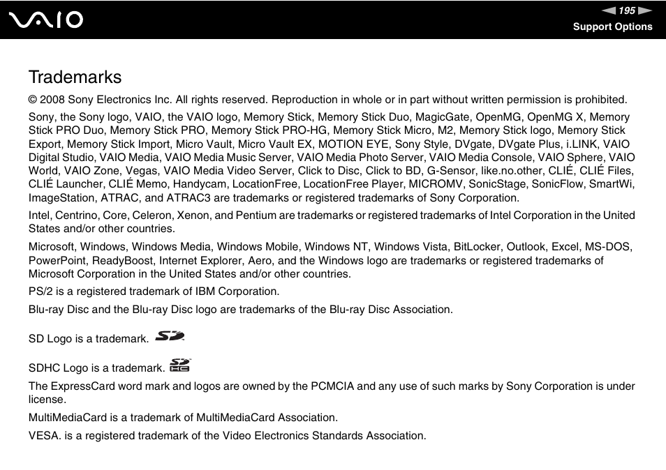 Trademarks | Sony VAIO V G C - LT 2 0 User Manual | Page 195 / 197