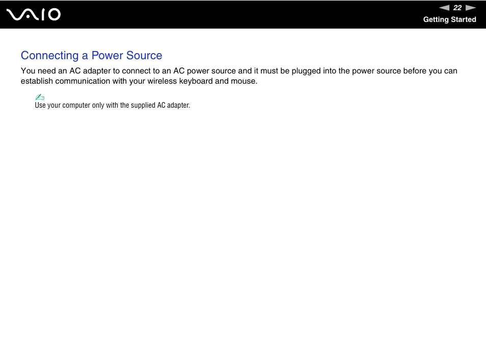 Connecting a power source | Sony VAIO V G C - LT 2 0 User Manual | Page 22 / 197