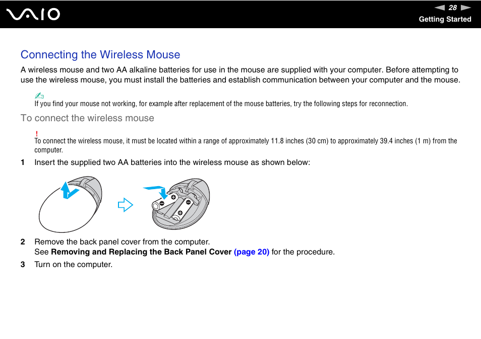 Connecting the wireless mouse | Sony VAIO V G C - LT 2 0 User Manual | Page 28 / 197