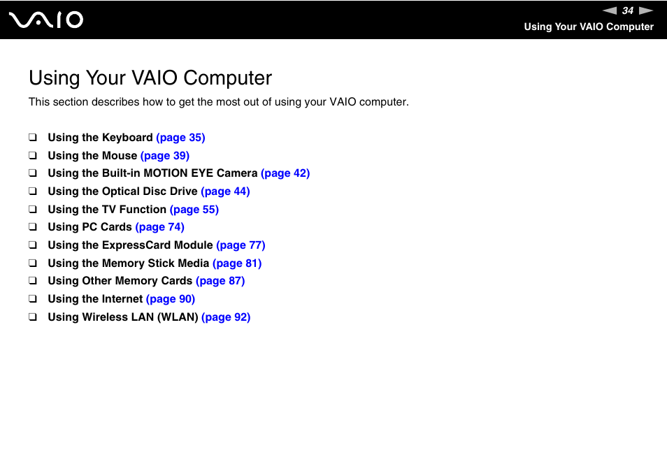 Using your vaio computer | Sony VAIO V G C - LT 2 0 User Manual | Page 34 / 197