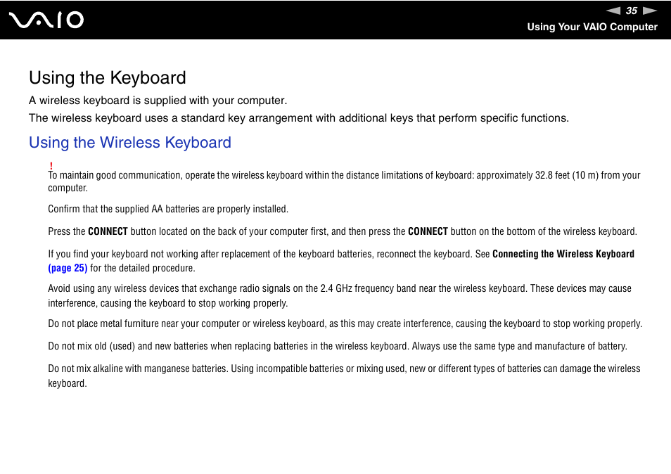 Using the keyboard, Using the wireless keyboard | Sony VAIO V G C - LT 2 0 User Manual | Page 35 / 197