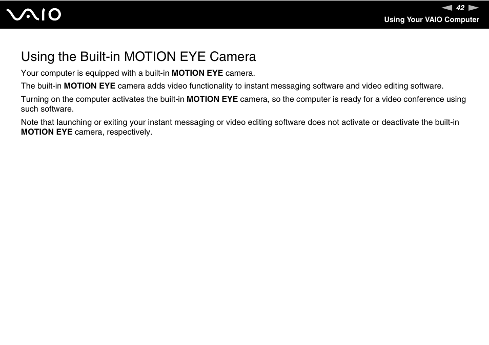 Using the built-in motion eye camera | Sony VAIO V G C - LT 2 0 User Manual | Page 42 / 197