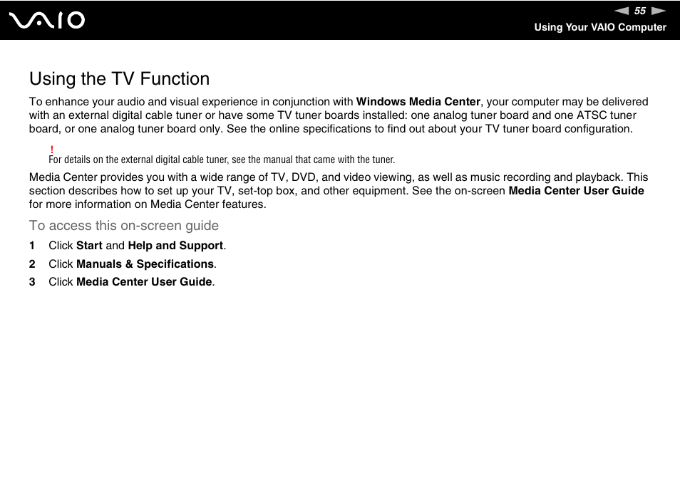 Using the tv function | Sony VAIO V G C - LT 2 0 User Manual | Page 55 / 197