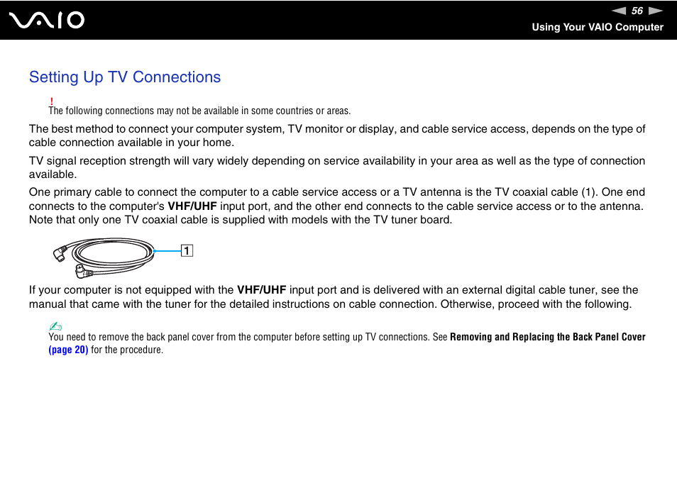 Setting up tv connections | Sony VAIO V G C - LT 2 0 User Manual | Page 56 / 197
