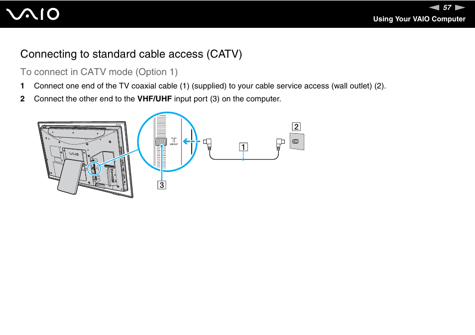 Connecting to standard cable access (catv) | Sony VAIO V G C - LT 2 0 User Manual | Page 57 / 197