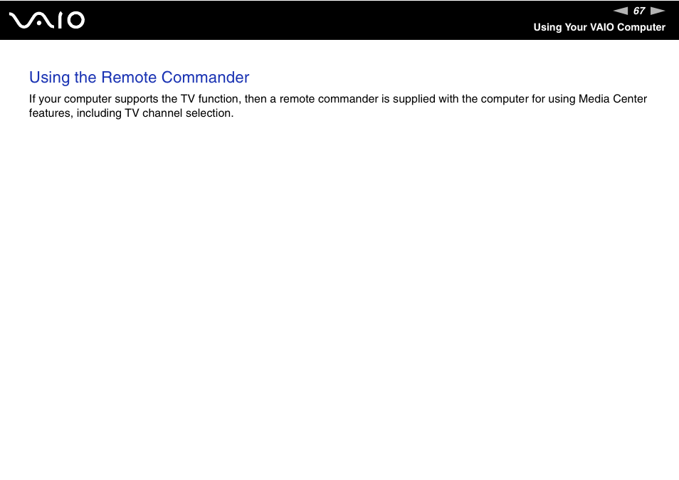 Using the remote commander | Sony VAIO V G C - LT 2 0 User Manual | Page 67 / 197