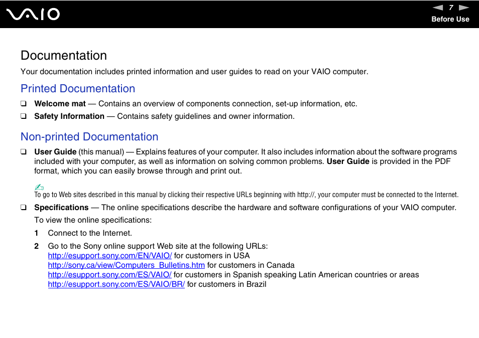 Documentation, Printed documentation, Non-printed documentation | Sony VAIO V G C - LT 2 0 User Manual | Page 7 / 197