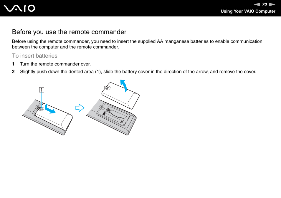 Before you use the remote commander | Sony VAIO V G C - LT 2 0 User Manual | Page 70 / 197