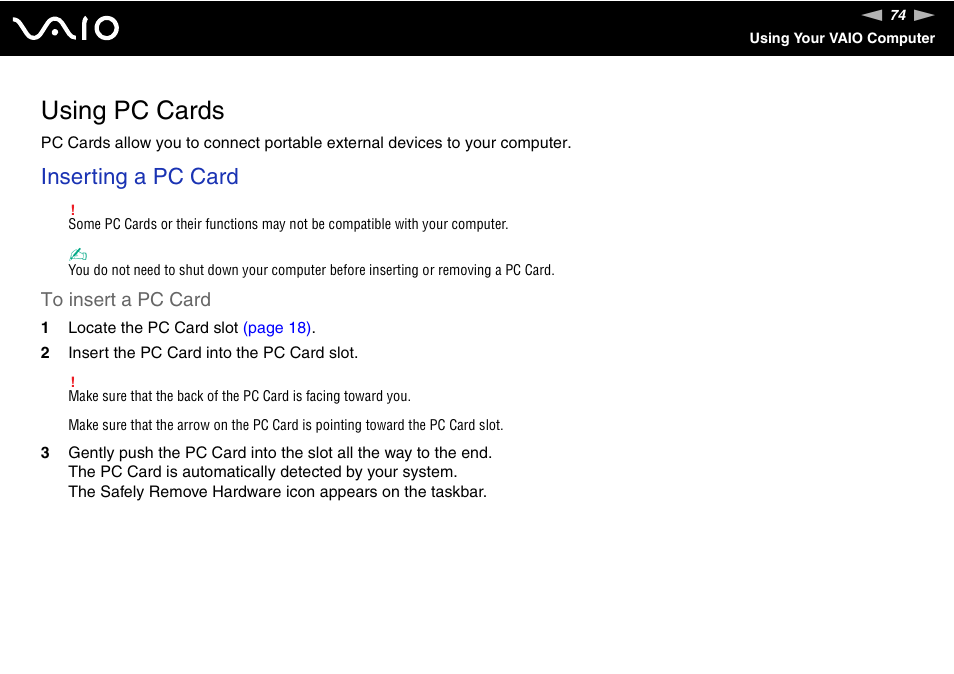 Using pc cards, Inserting a pc card | Sony VAIO V G C - LT 2 0 User Manual | Page 74 / 197