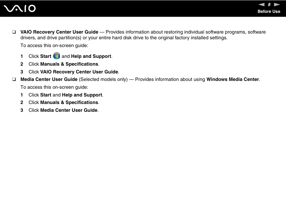 Sony VAIO V G C - LT 2 0 User Manual | Page 8 / 197