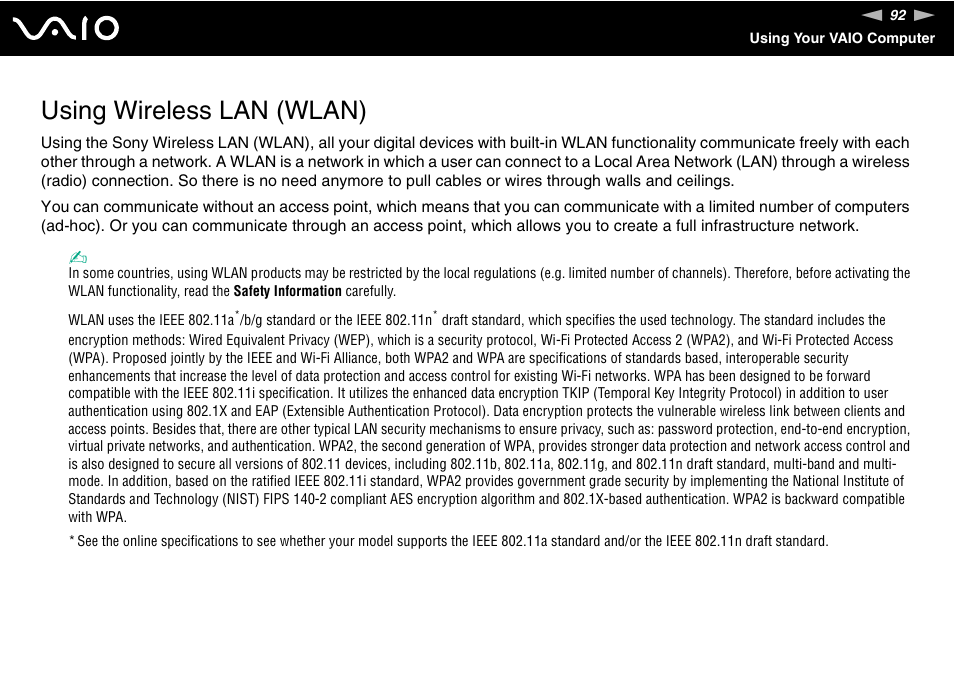 Using wireless lan (wlan), Lan) | Sony VAIO V G C - LT 2 0 User Manual | Page 92 / 197