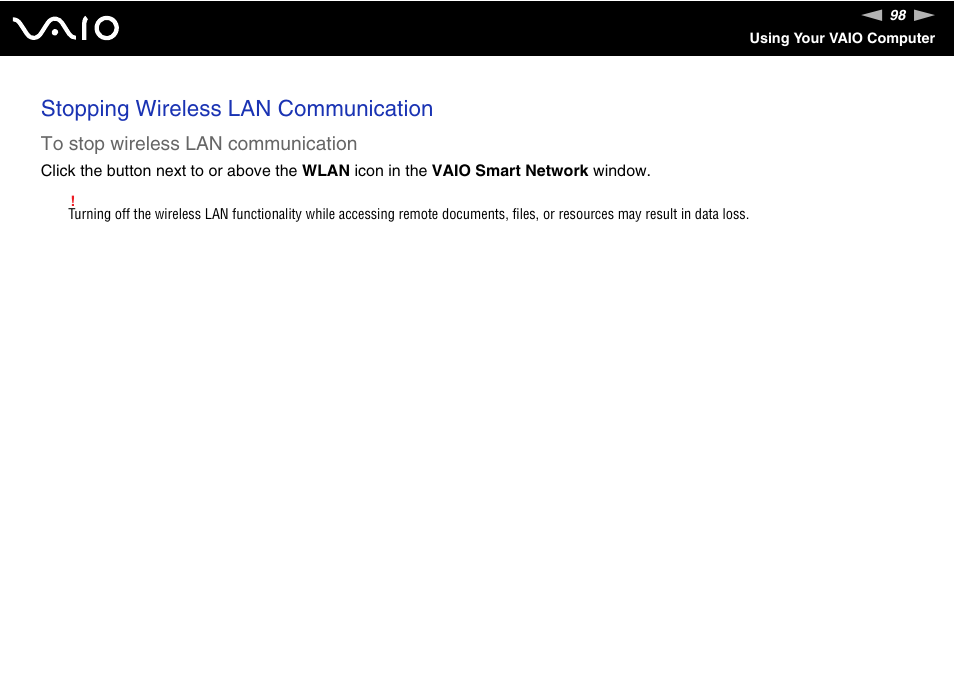 Stopping wireless lan communication | Sony VAIO V G C - LT 2 0 User Manual | Page 98 / 197
