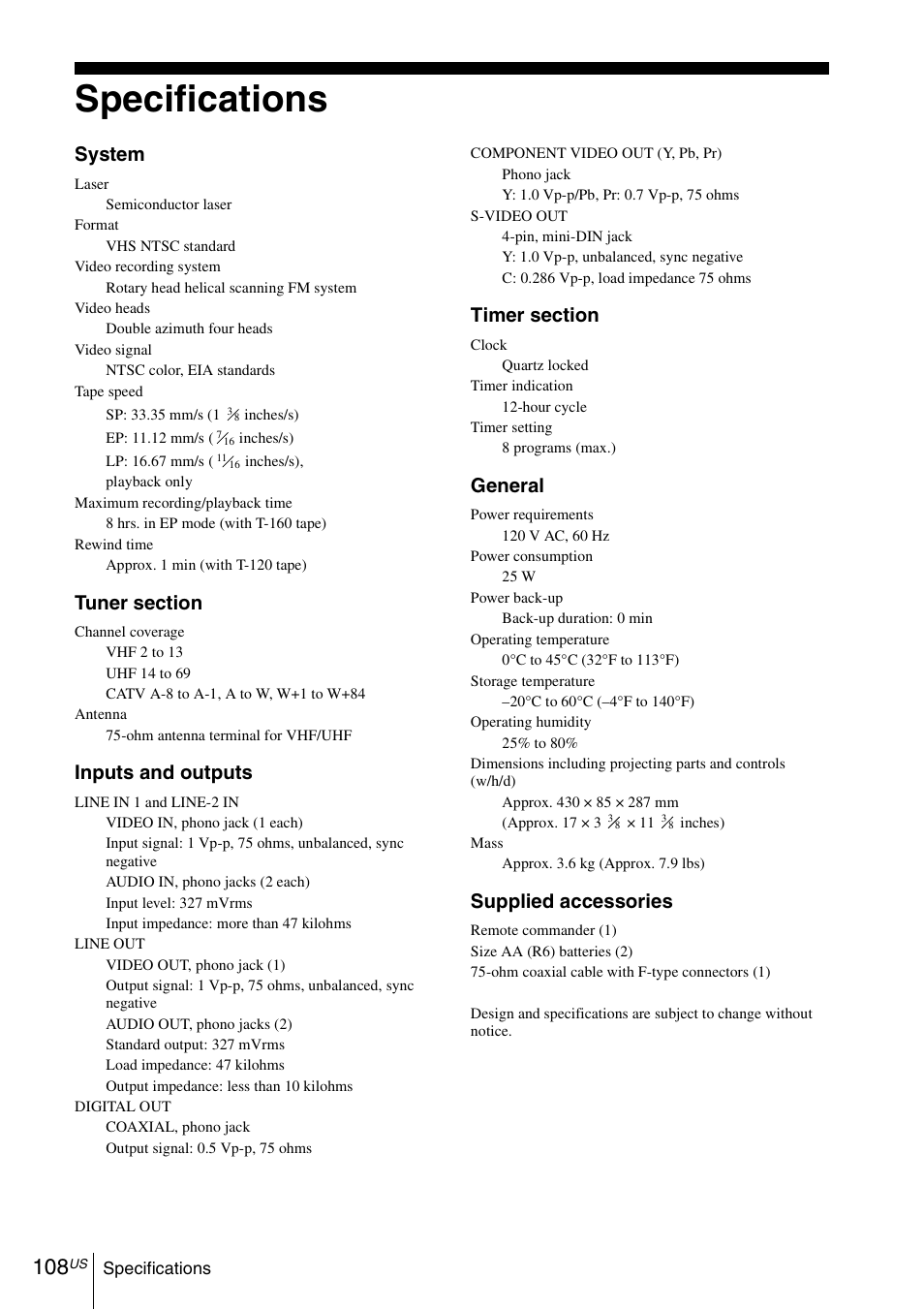 Specifications, 108 sp, System | Inputs and outputs, General, Supplied accessories | Sony SLV-D370P User Manual | Page 108 / 132