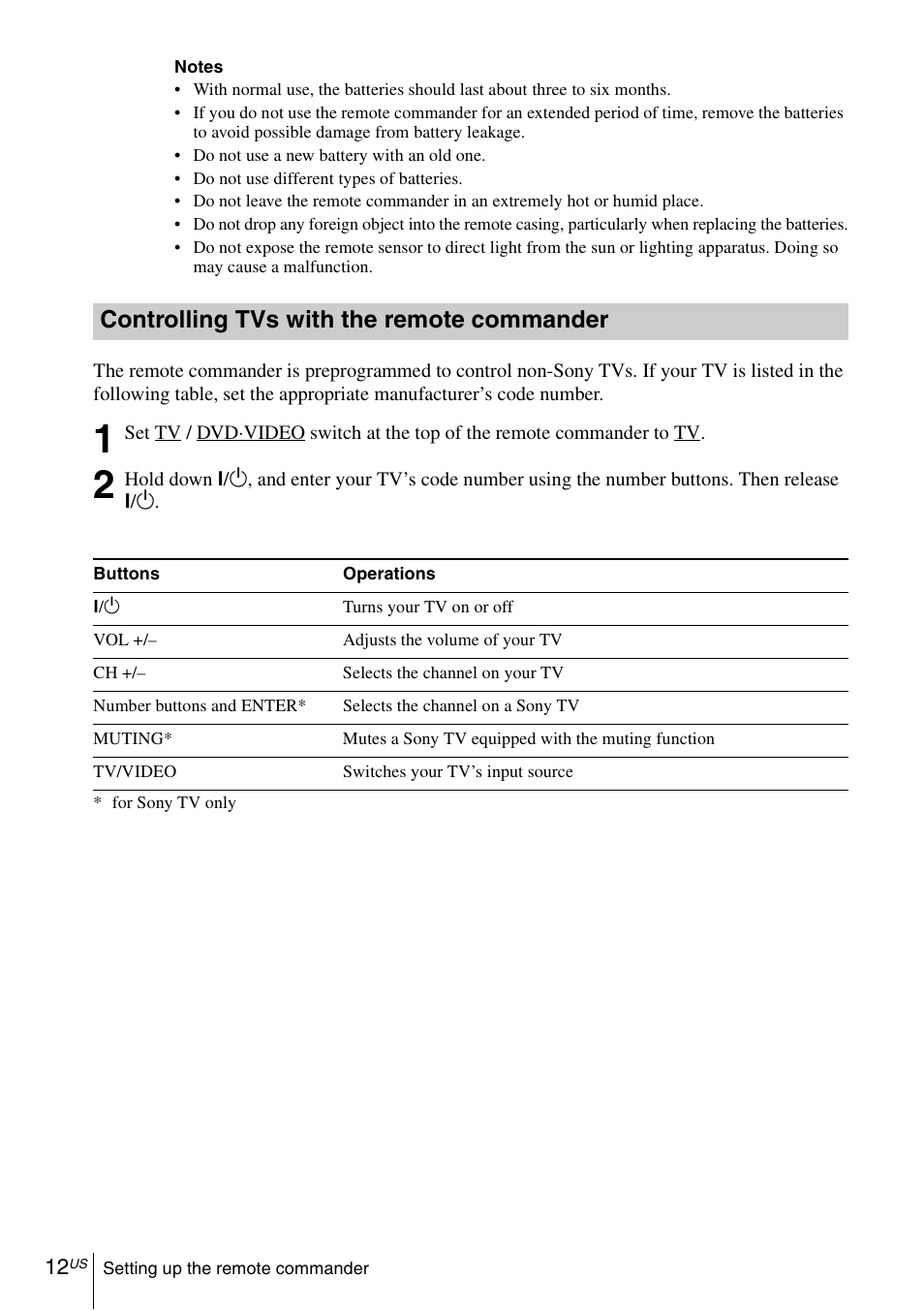 Controlling tvs with the remote commander | Sony SLV-D370P User Manual | Page 12 / 132