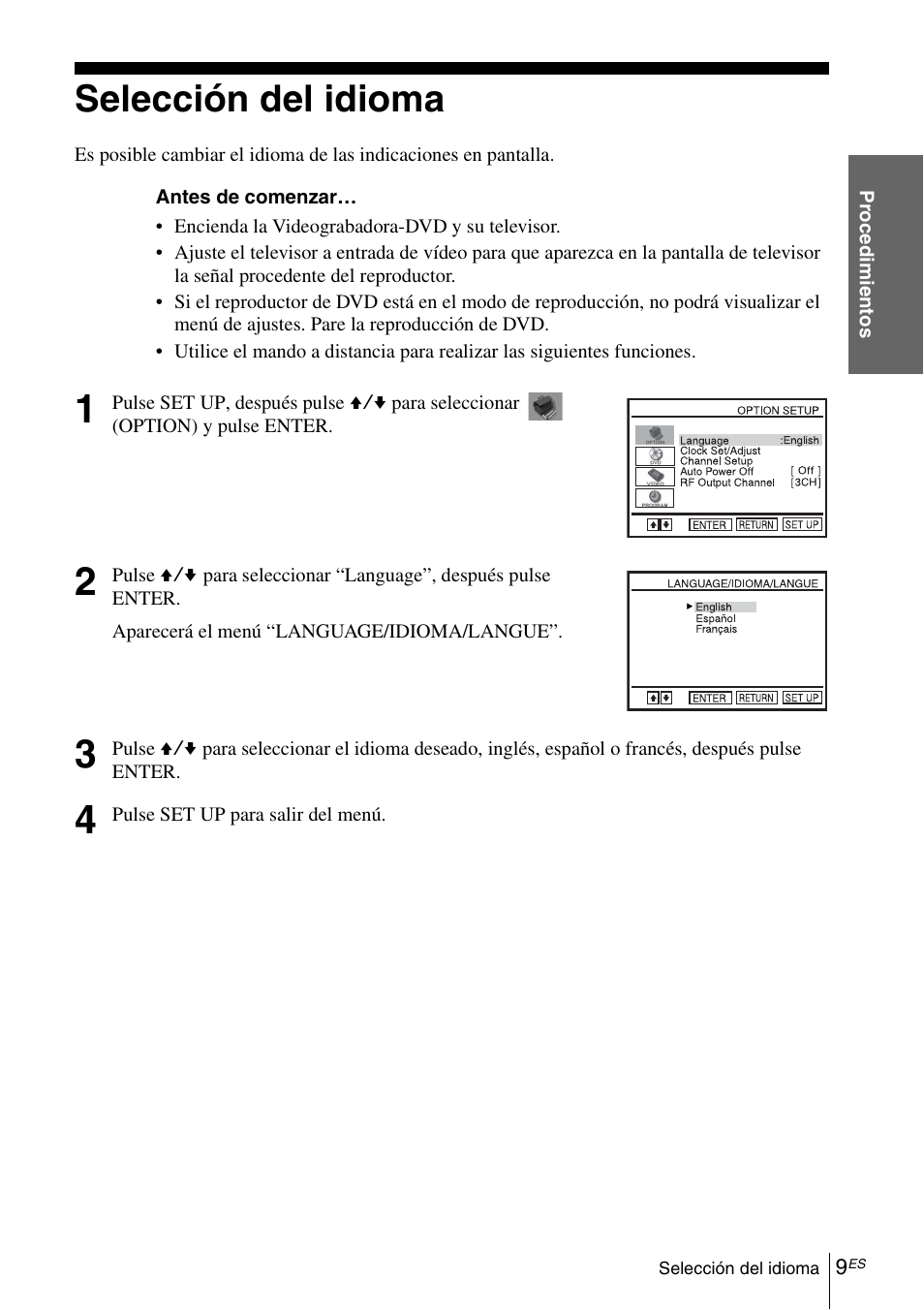 Selección del idioma, 9 selec | Sony SLV-D370P User Manual | Page 123 / 132