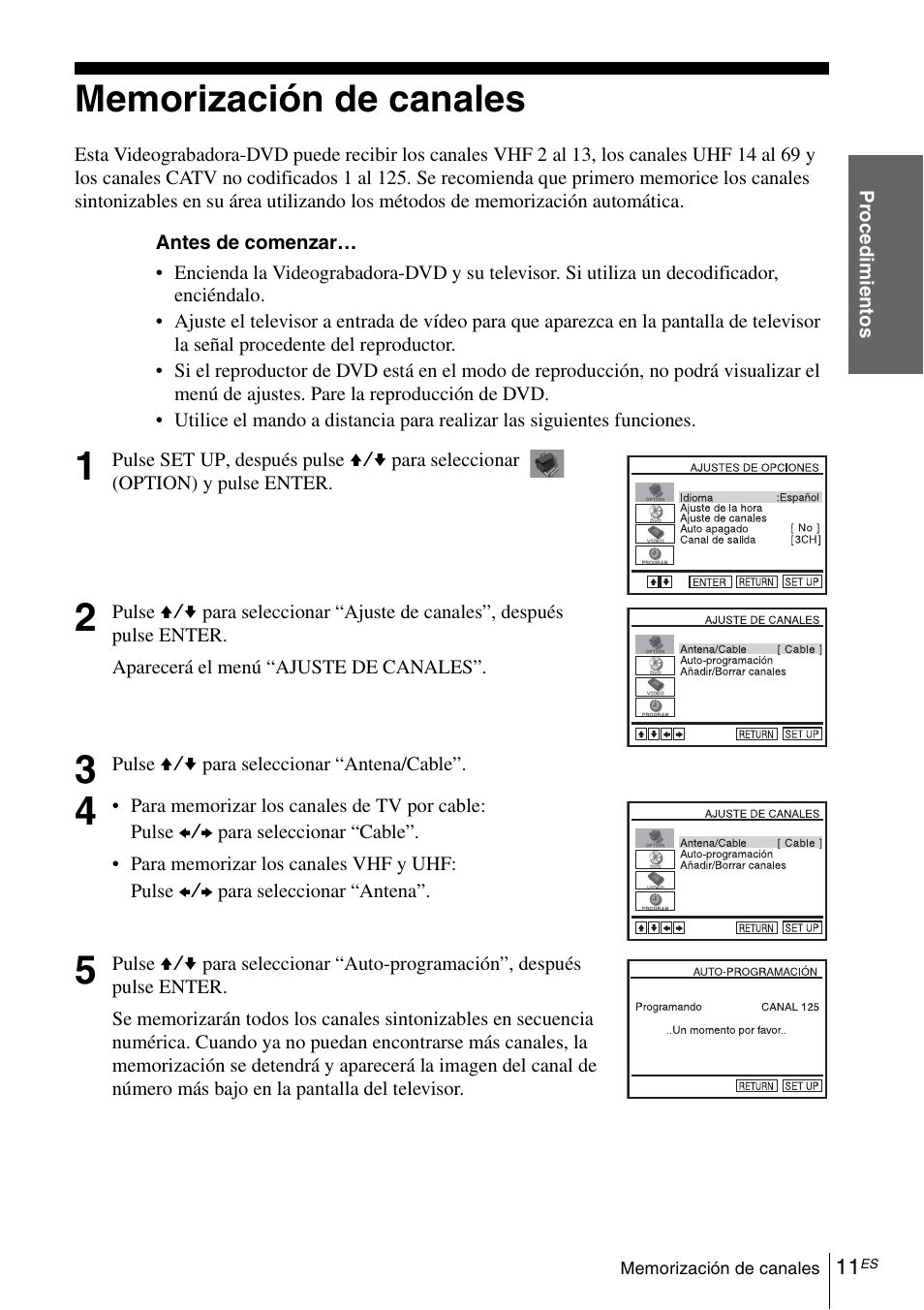 Memorización de canales, 11 memor | Sony SLV-D370P User Manual | Page 125 / 132